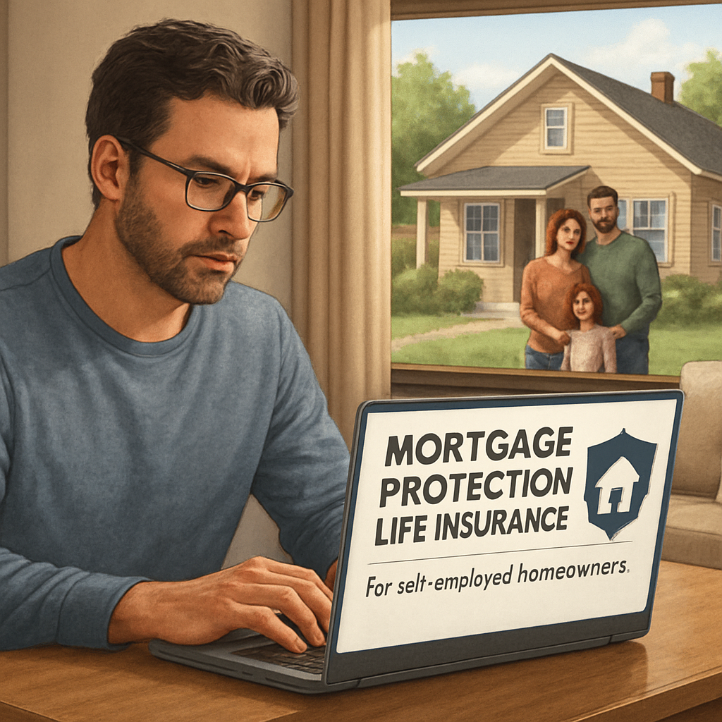 An illustration showing a self-employed homeowner reviewing mortgage protection life insurance options on a laptop, with a cozy house in the background. Alt: Mortgage protection life insurance for self-employed homeowners concept with a family and house.
