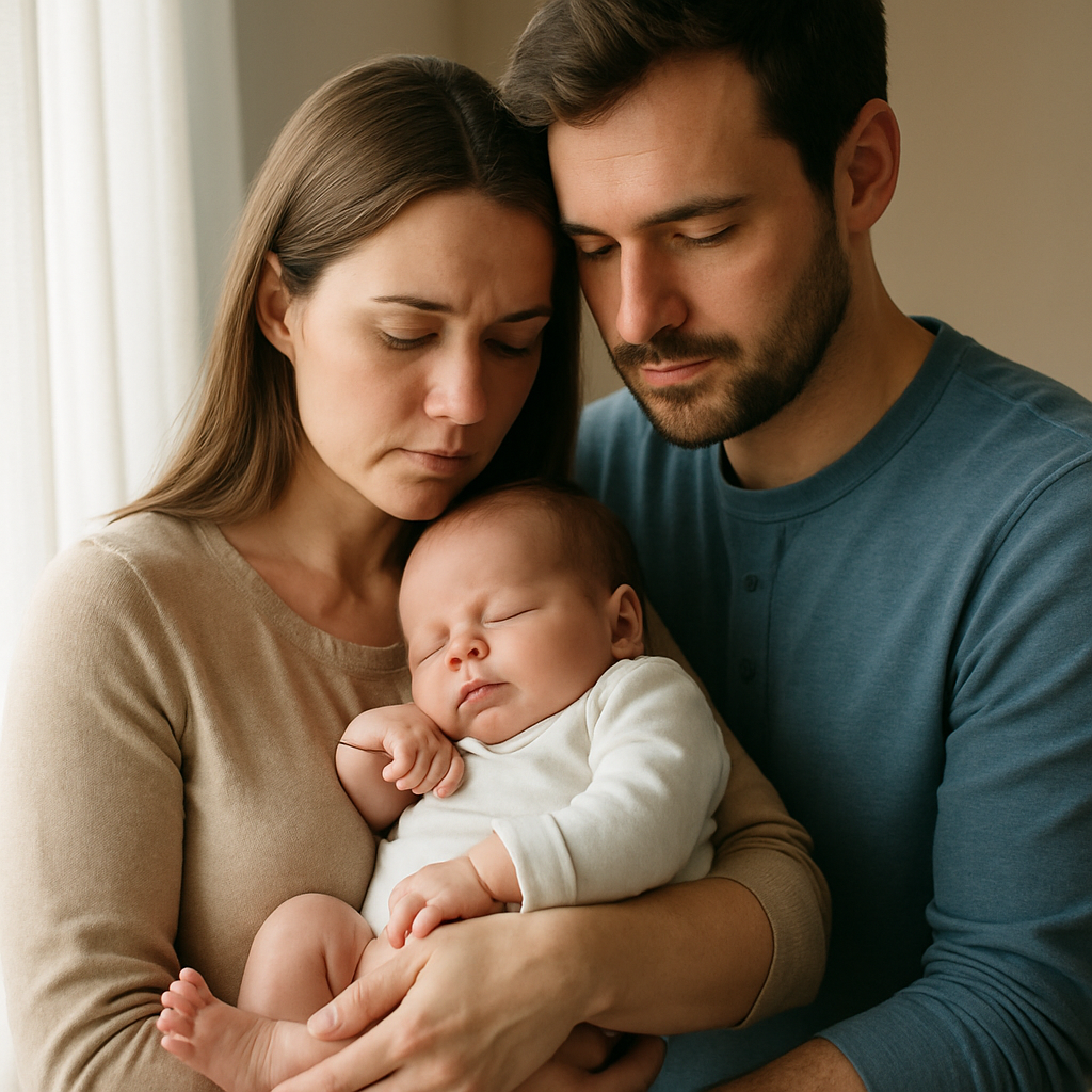 A young family gently holding their newborn baby, with soft natural light highlighting the parents' protective expressions. Alt: Term life insurance for parents with newborn offering financial protection and peace of mind.