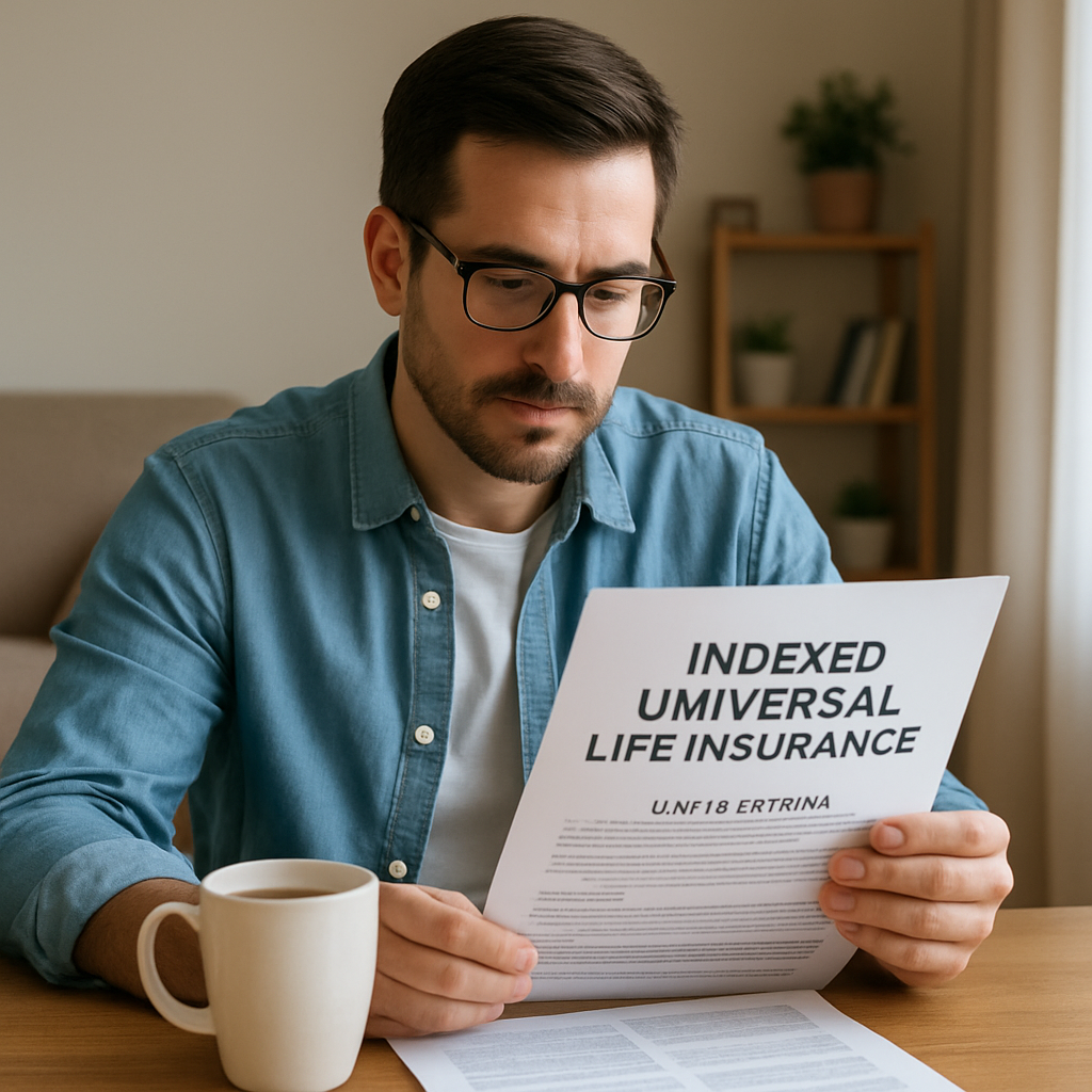A person calmly reviewing indexed universal life insurance documents at home, with a cup of coffee nearby. Alt: Understanding living benefits in indexed universal life insurance policy for financial security.
