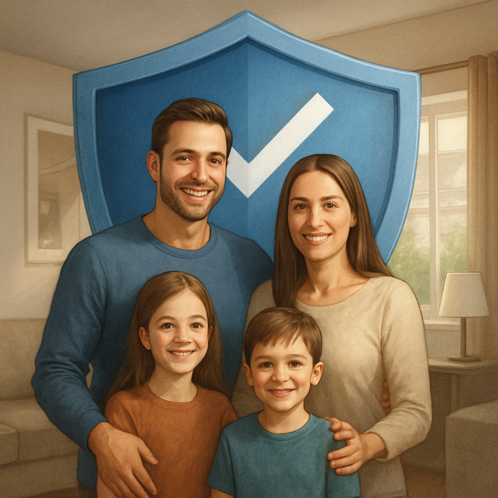 Illustration of a happy family inside a home protected by a shield symbolizing mortgage protection insurance coverage. Alt: Mortgage protection insurance quote online coverage securing family home.