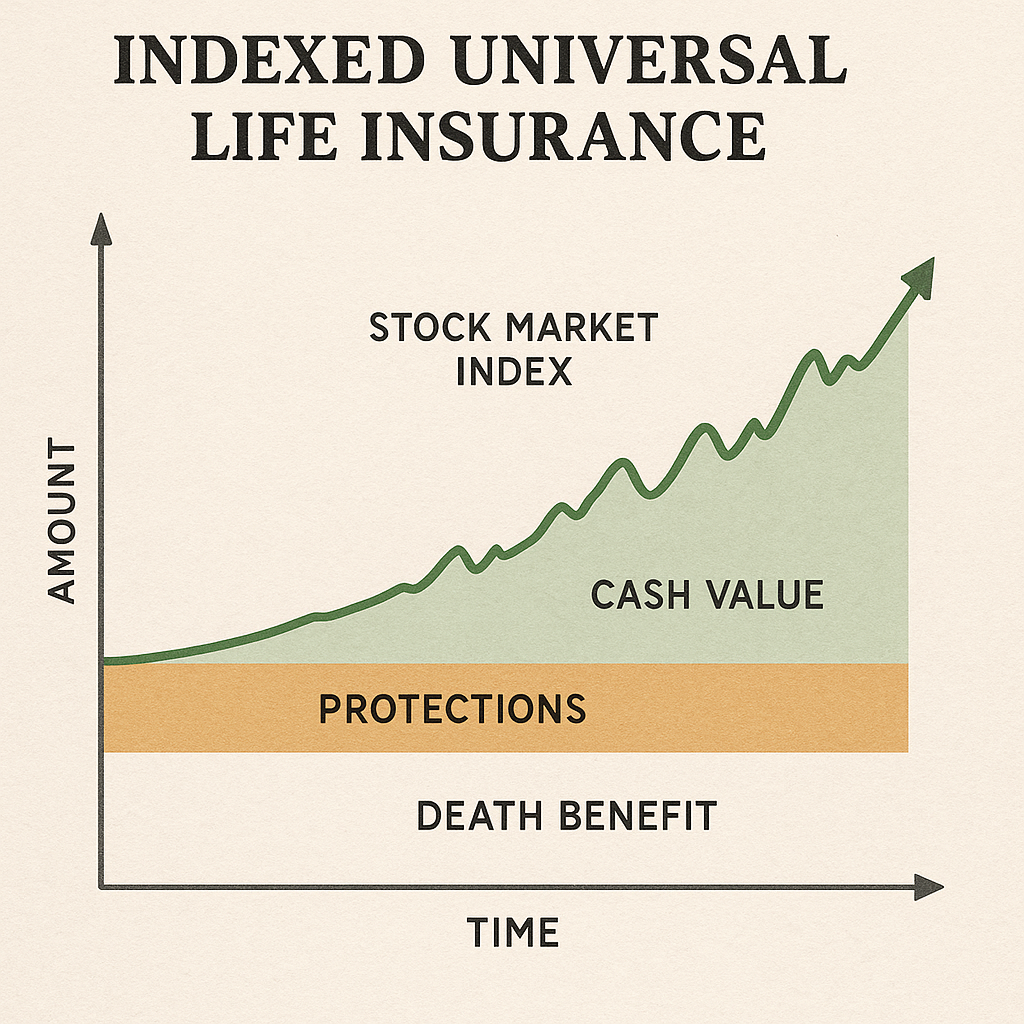 Illustration of an indexed universal life insurance policy showing cash value growth linked to stock market index performance with protections and death benefit. Alt: Indexed universal life insurance chart demonstrating cash value accumulation and death benefit.