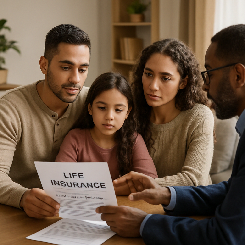 A comforting scene of a family discussing life insurance papers with a trusted advisor, symbolizing understanding of accelerated death benefit rider. Alt: family understanding accelerated death benefit rider options through life insurance conversation