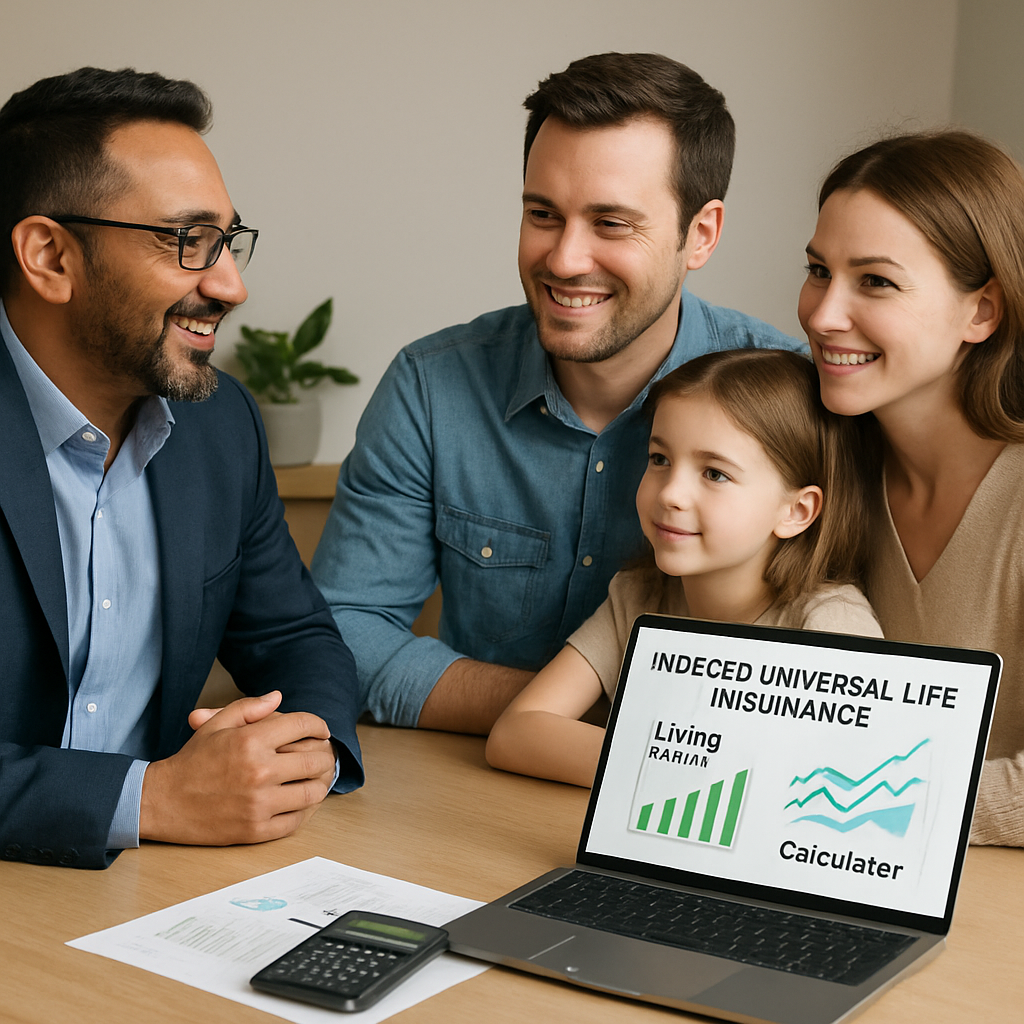 A friendly advisor discussing Indexed Universal Life Insurance benefits with a family around a table, showing charts and a calculator on a laptop. Alt: Indexed universal life insurance living benefits calculator helping families plan their financial future.