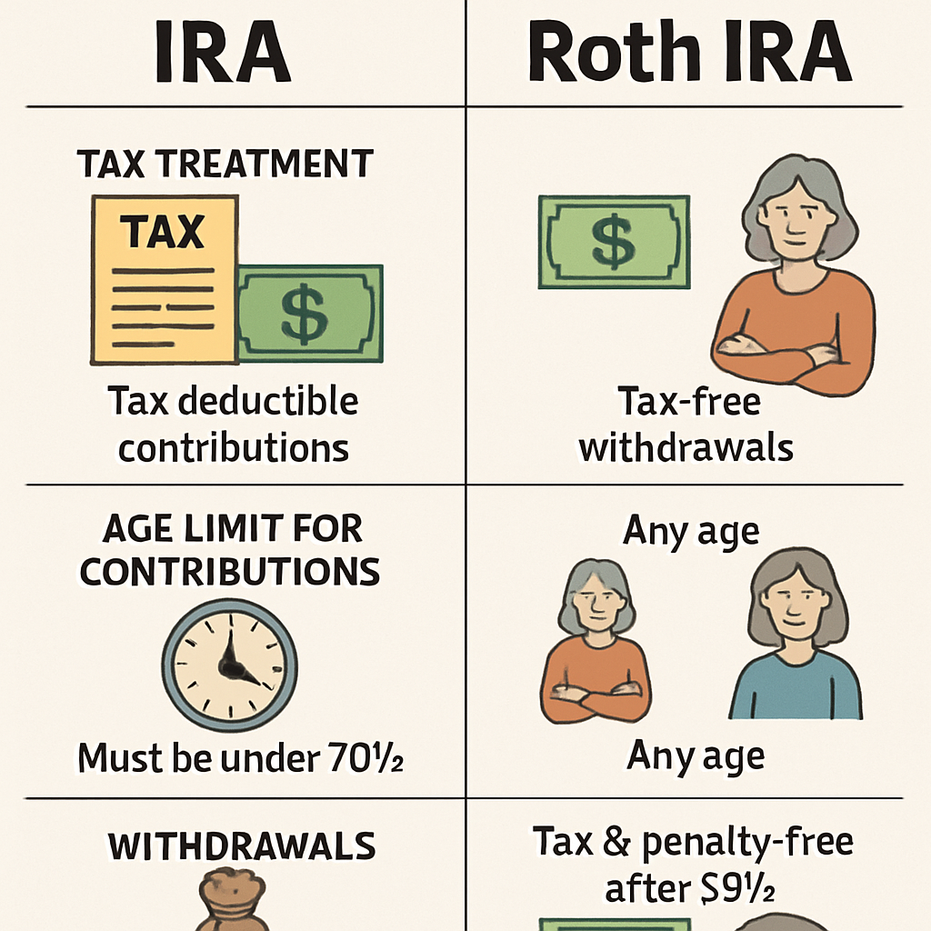 An illustrated comparison chart showing key features of IRA and Roth IRA with visuals highlighting tax times, age contributions, and withdrawal rules. Alt: Comparison chart detailing the differences between IRA and Roth IRA for retirement planning.