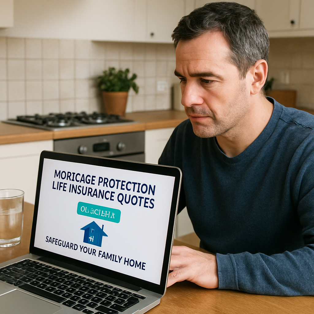 Homeowner reviewing mortgage protection life insurance quotes online on a laptop while sitting at a kitchen table. Alt: Mortgage protection life insurance quotes online for homeowners to safeguard family home.
