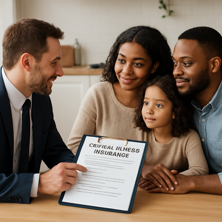 A compassionate agent discussing critical illness insurance options with a family at a kitchen table, emphasizing peace of mind and financial security. Alt: Critical illness insurance living benefits helping families maintain financial security during health crises.