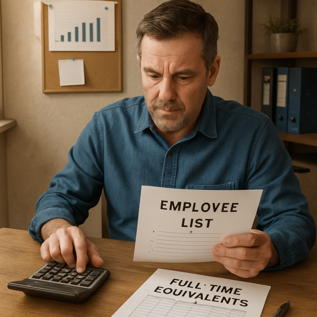 An illustration of a small business owner reviewing employee lists and calculating full-time equivalents, symbolizing the assessment of business size and employee count. Alt: Small business health insurance subsidy eligibility through employee count assessment.