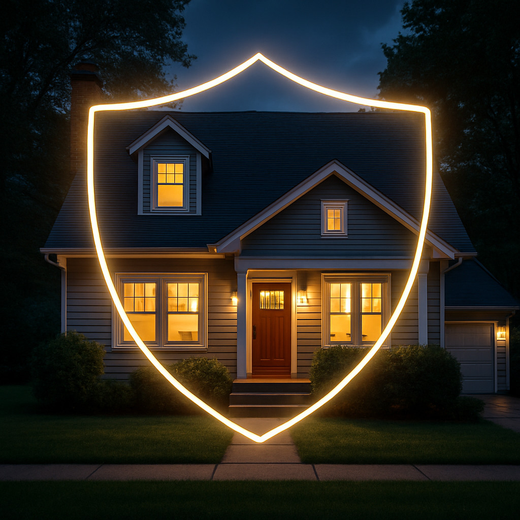 A cozy suburban home with a glowing outline of a shield surrounding it, symbolizing financial protection for homeowners. Alt: Living benefits protect homeowners mortgage and equity.