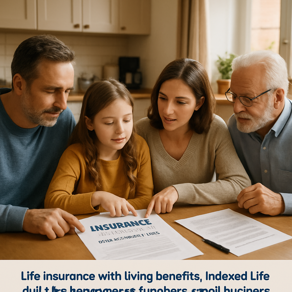 A comforting scene of a family gathered around a kitchen table, reviewing insurance paperwork together. Alt: critical illness rider life insurance explanation with family discussion