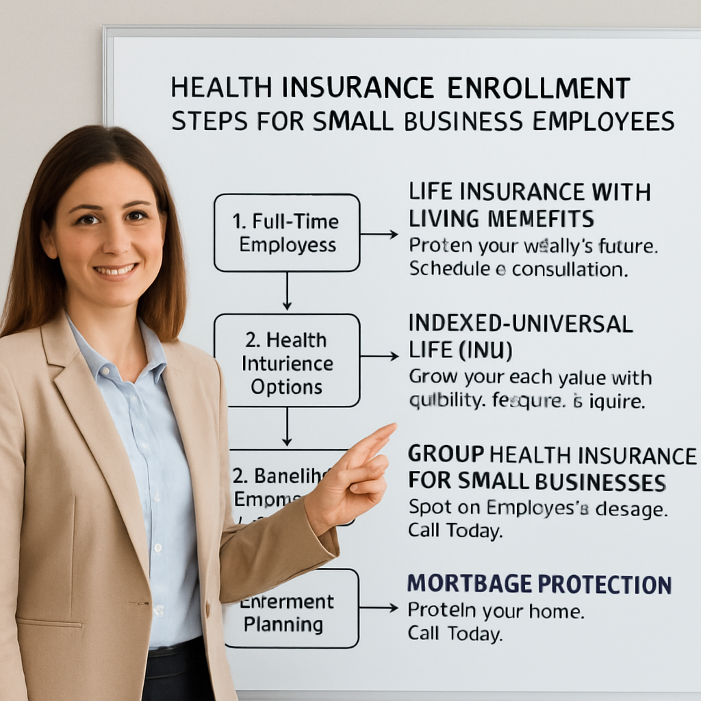 A friendly HR team member standing in front of a whiteboard, pointing to a diagram of health‑insurance enrollment steps for small business employees. Alt: Simple visual guide to health insurance enrollment for small business staff.