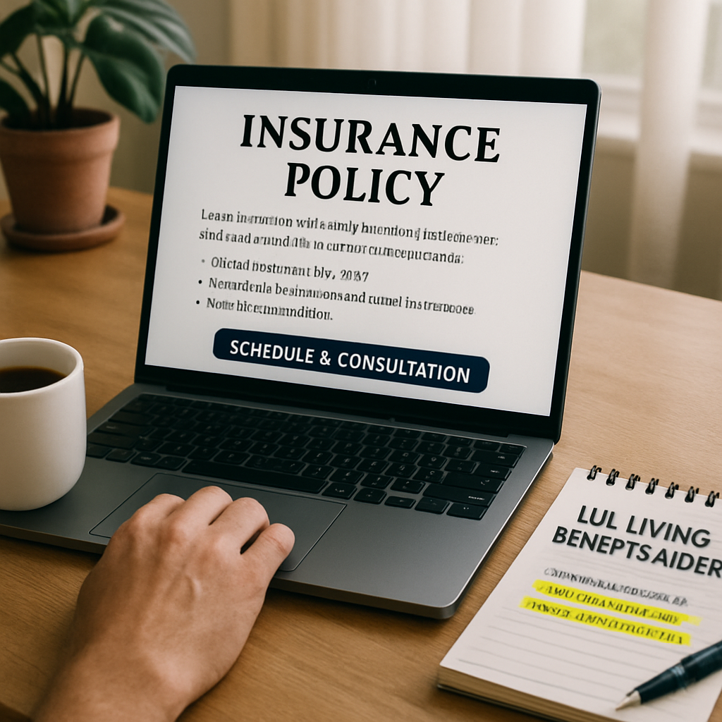 A calm home office scene where a person reviews an insurance policy document on a laptop, with a cup of coffee and a notepad showing highlighted rider language. Alt: Understanding IUL living benefits rider details.