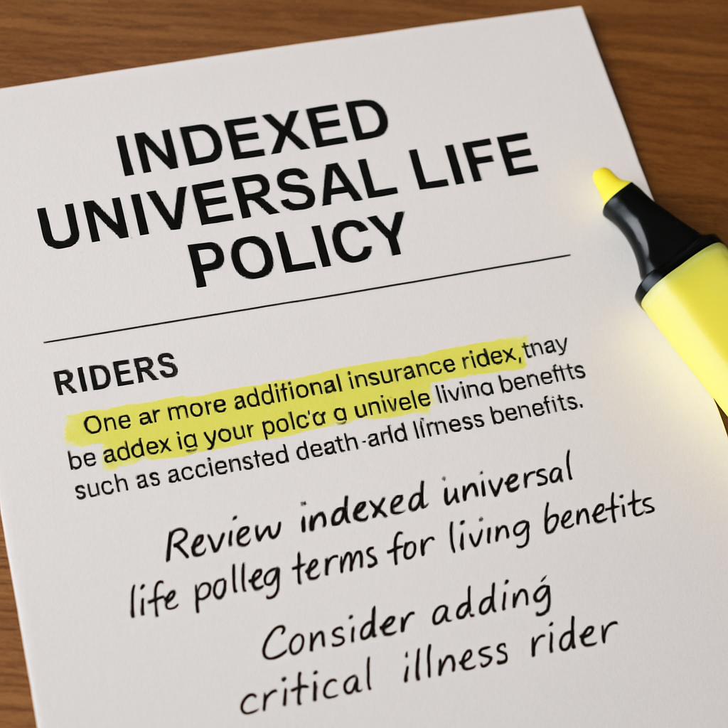 A close‑up of an IUL policy document with highlighted rider section and notes. Alt: Review indexed universal life policy terms for living benefits