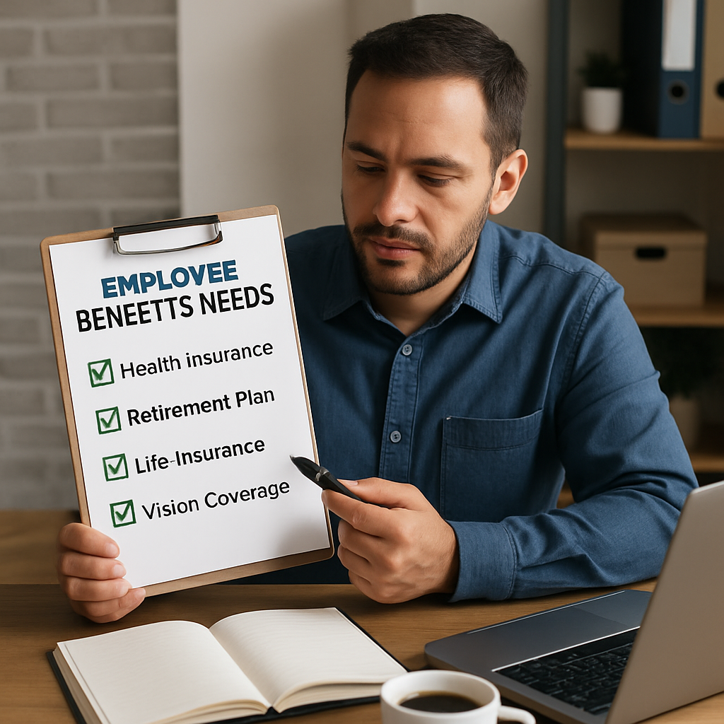 A small business owner sitting at a desk with a laptop, a notebook, and a coffee, reviewing a checklist of employee benefits needs. Alt: Assess business needs for employee health insurance