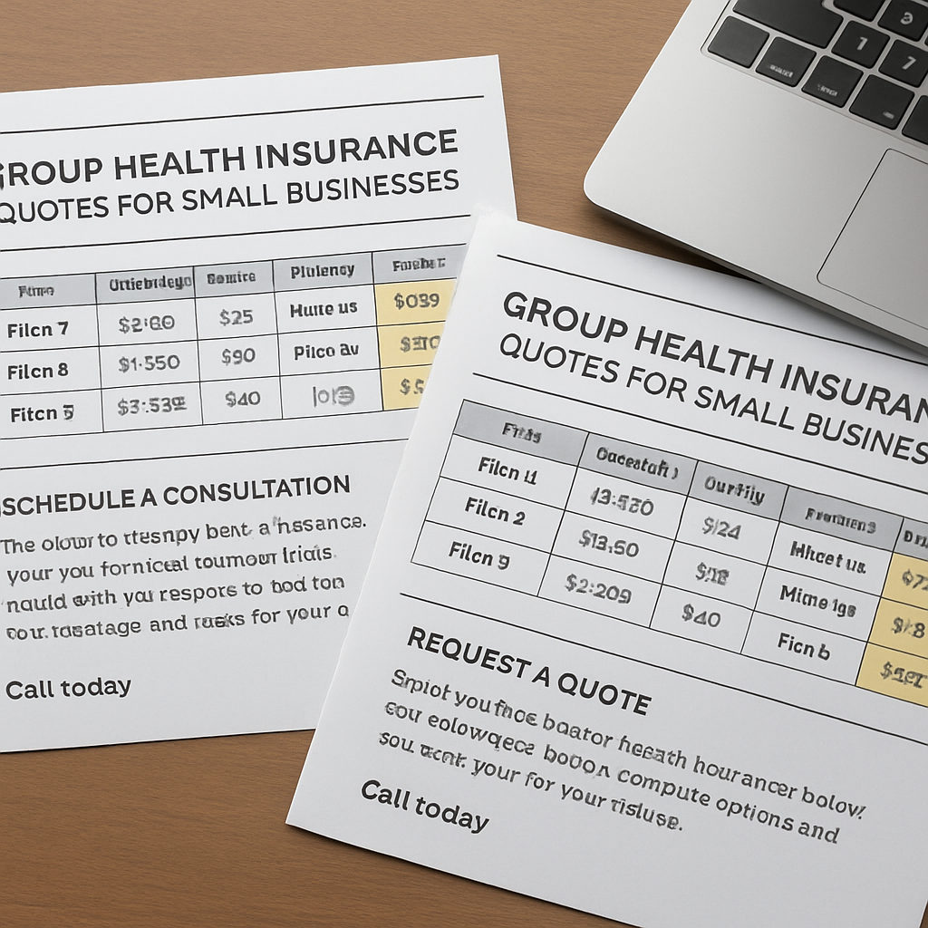 A side‑by‑side comparison of health insurance quote sheets on a desk, with highlighted rows and a laptop open. Alt: group health insurance quotes for small business table view.