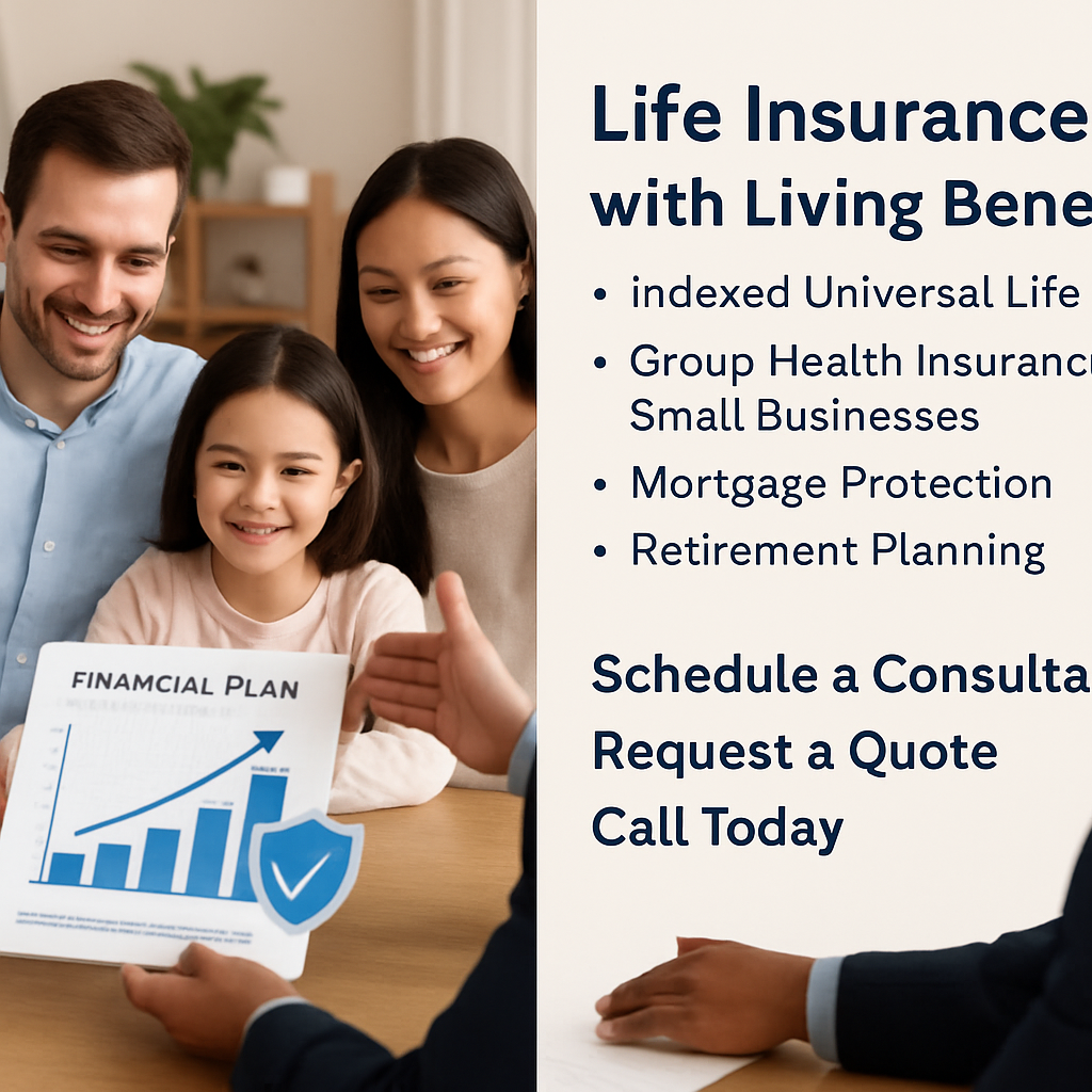 A family reviewing a financial plan with an advisor, focusing on a chart showing steady growth and a protective shield. Alt: Indexed universal life insurance pros illustration.