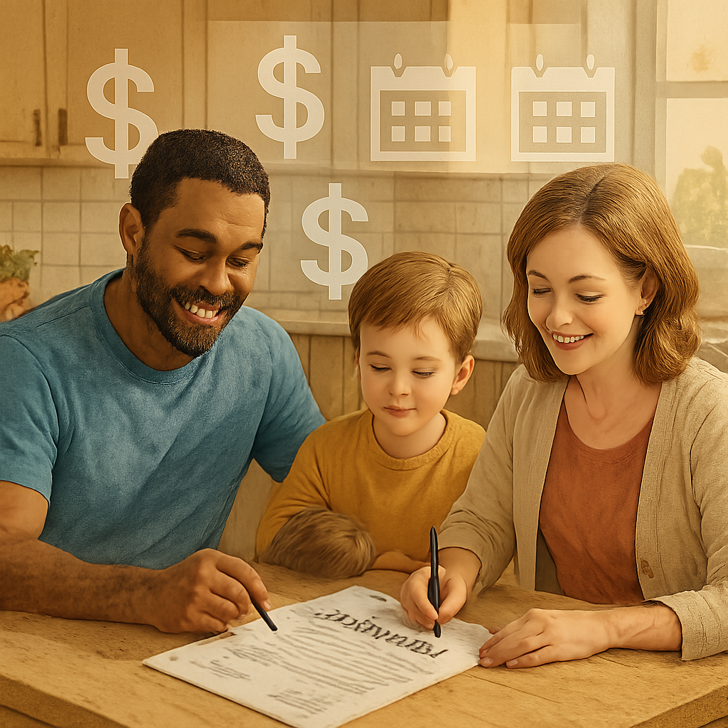 A friendly illustration of a family sitting at a kitchen table reviewing mortgage paperwork, with a transparent overlay showing dollar signs and calendar icons representing cost factors. Alt: mortgage protection insurance cost factors explained.