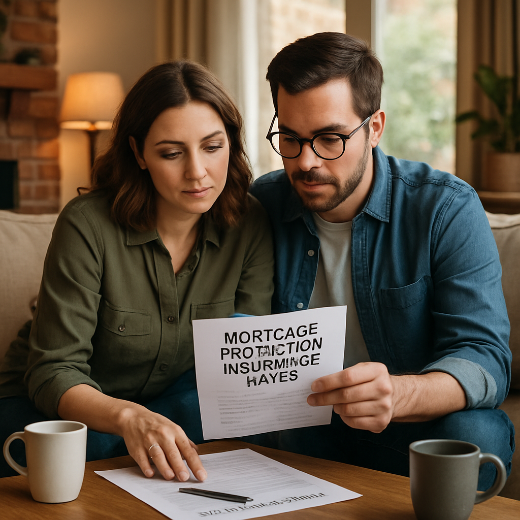 A cozy living room with a family reviewing mortgage documents on a coffee table, highlighting the concept of mortgage protection insurance rates. Alt: Homeowners reviewing mortgage protection insurance rates together.