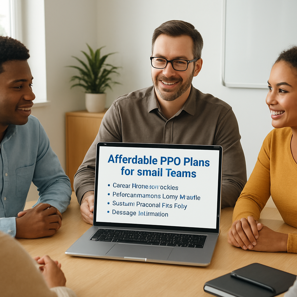 A friendly office meeting where a small business owner is reviewing affordable PPO plan options on a laptop with a diverse team of employees listening attentively. Alt: Affordable PPO plans for small teams, group health insurance options.