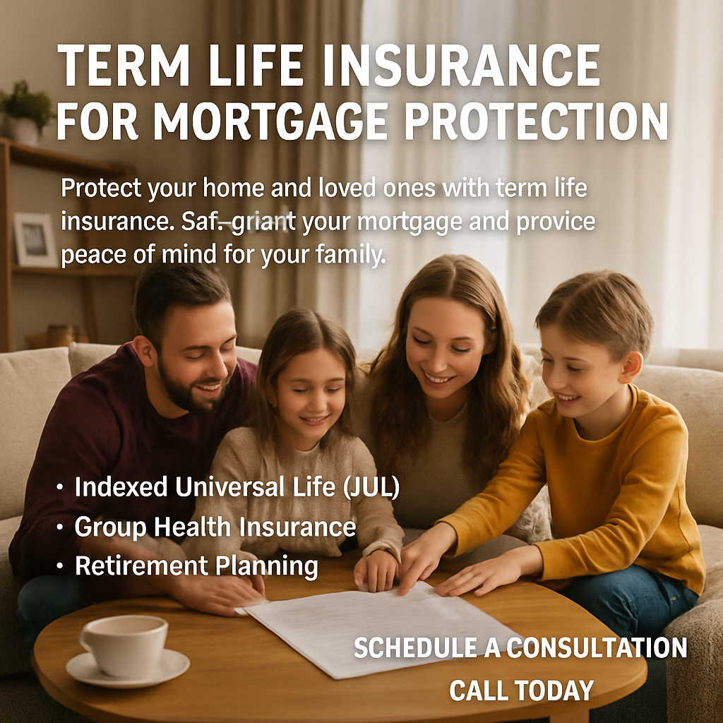 A cozy living room with a family gathered around a coffee table, the mortgage statement subtly visible on the side. Alt: term life insurance for mortgage protection illustration showing a family protected by a safety net over their home.