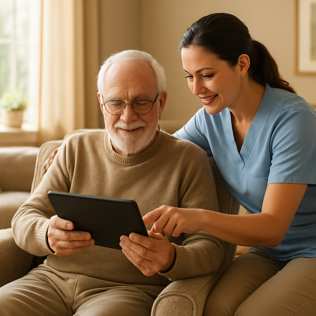 A warm, sunlit living room where a senior is receiving gentle home care assistance, with a caregiver helping them use a tablet to manage their health schedule. Alt: Life insurance with long term care rider supporting in‑home care.