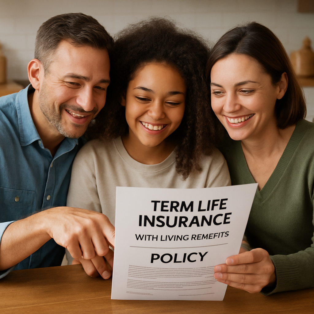 A family reviewing a term life insurance policy with living benefits at a kitchen table, smiling and pointing at the document. Alt: term life insurance with living benefits illustration