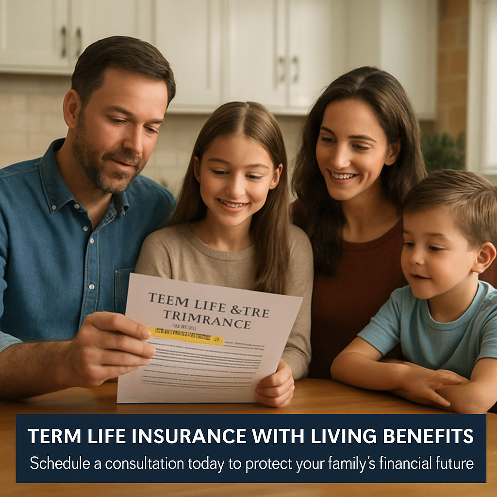 A family gathered around a kitchen table, reviewing a term life insurance policy document with a highlighted section on living benefits. Alt: "term life insurance with living benefits illustration showing family financial protection"