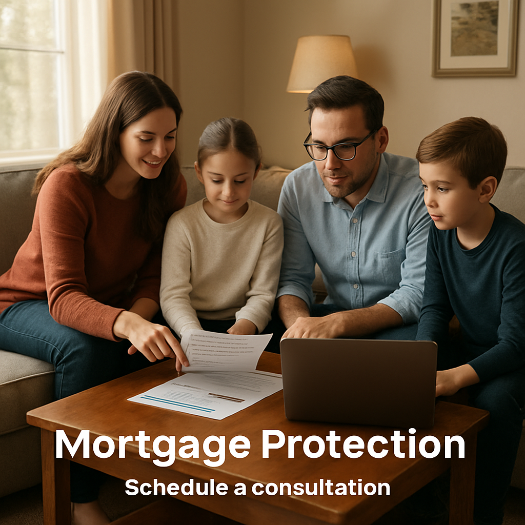 A cozy living room with a family gathered around a coffee table, mortgage statements and a laptop open, symbolizing financial planning for home protection. Alt: mortgage protection insurance basics family planning