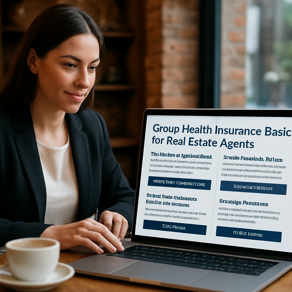 A modern real‑estate agent reviewing health insurance documents on a laptop at a coffee shop. Alt: group health insurance basics for real estate agents