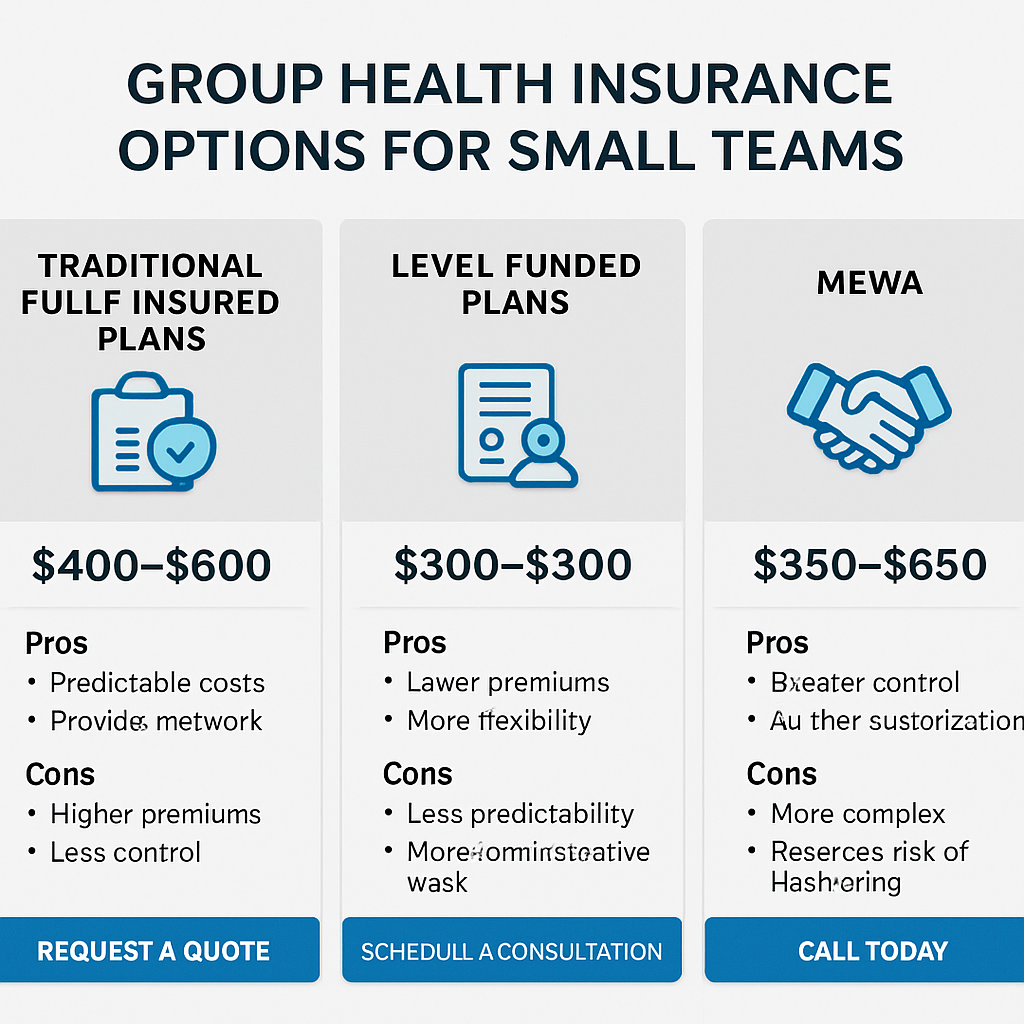 A clean infographic showing three columns – Traditional Fully‑Insured Plans, Level‑Funded Plans, MEWA – with icons, average monthly premium ranges, and pros/cons. Alt: Group health insurance options for small teams infographic