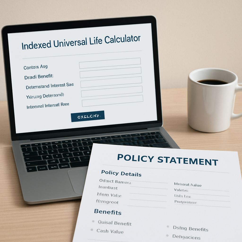 A clean desk with a laptop open to an indexed universal life calculator, a printed policy statement, and a coffee mug. Alt: Indexed universal life calculator financial details gathering