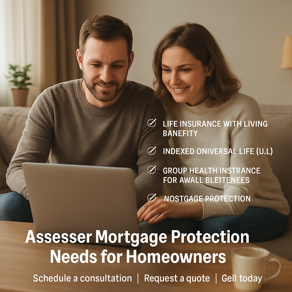 A cozy living room scene with a couple reviewing mortgage documents on a laptop, a cup of coffee on the side, and a subtle overlay of a checklist. Alt: Assessing mortgage protection needs for homeowners.