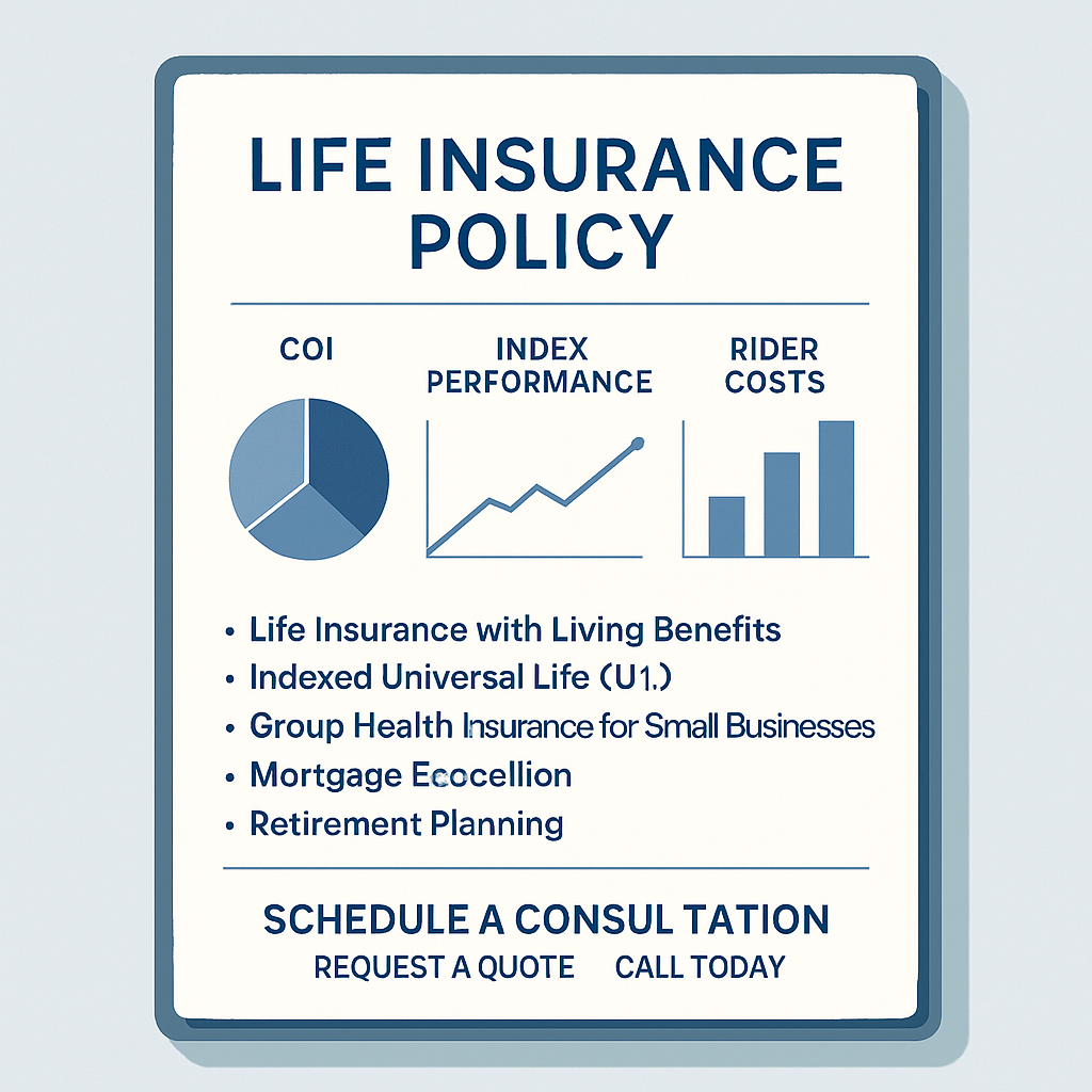A clean, modern illustration of a life insurance policy document with charts showing COI, index performance, and rider costs. Alt: indexed universal life insurance rates breakdown diagram