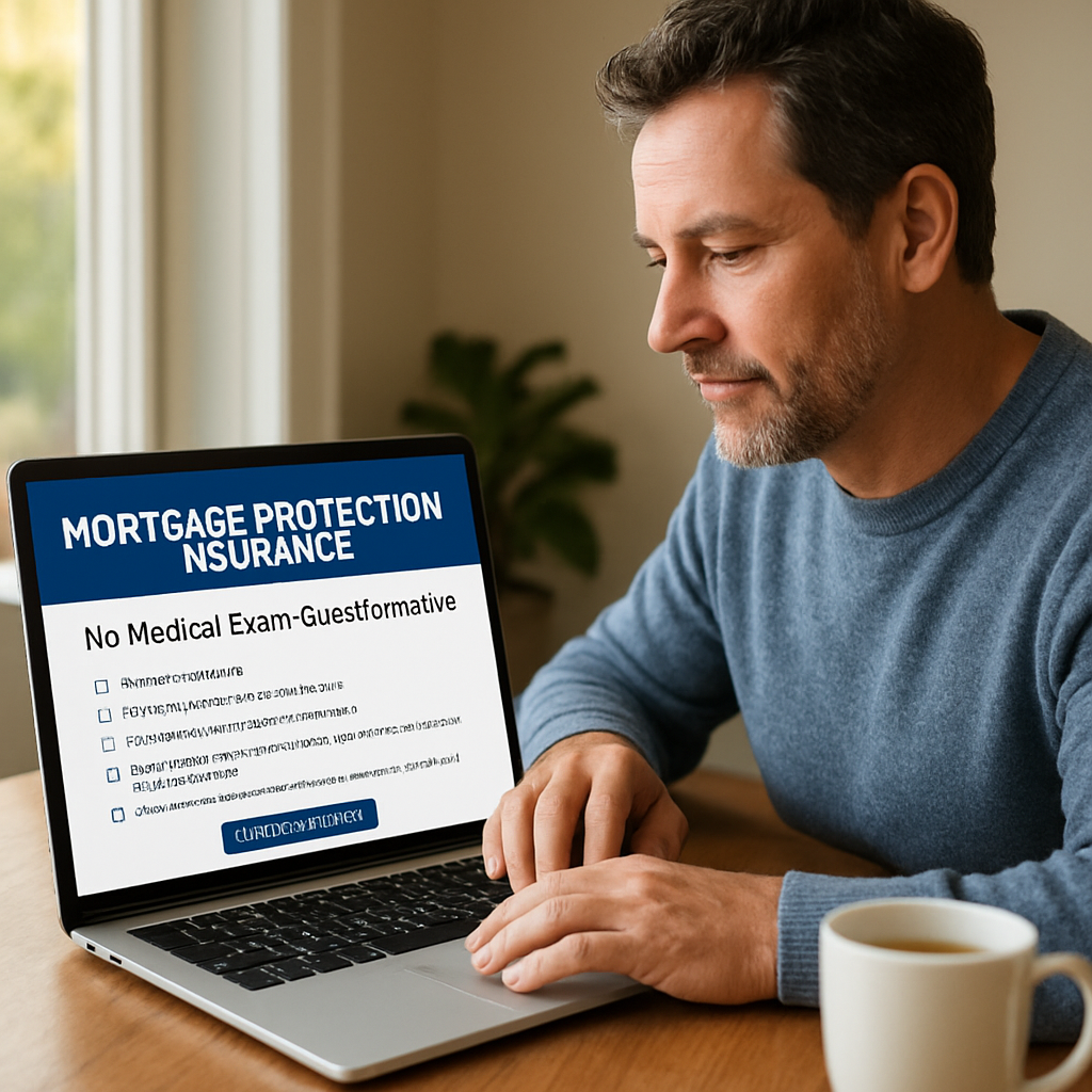 A calm homeowner reviewing a mortgage protection insurance questionnaire on a laptop, with a coffee cup nearby. Alt: mortgage protection insurance no medical exam questionnaire review