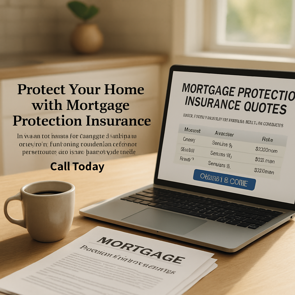 A calm, sunlit kitchen table with a stack of mortgage documents, a laptop showing a quote comparison screen, and a coffee mug. Alt: Mortgage protection insurance quotes comparison at home