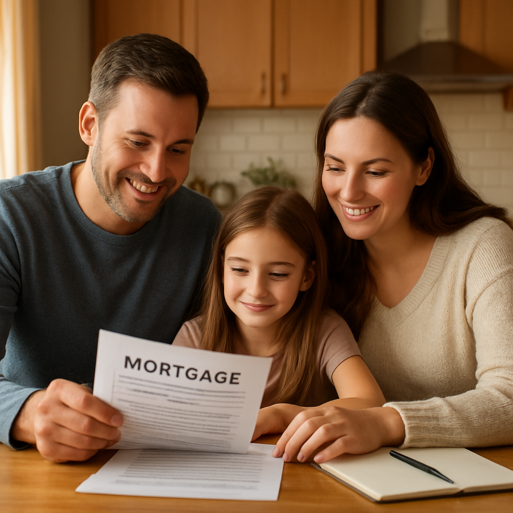 A warm kitchen scene with a family reviewing mortgage documents, showing peace of mind. Alt: mortgage protection insurance with living benefits illustration.