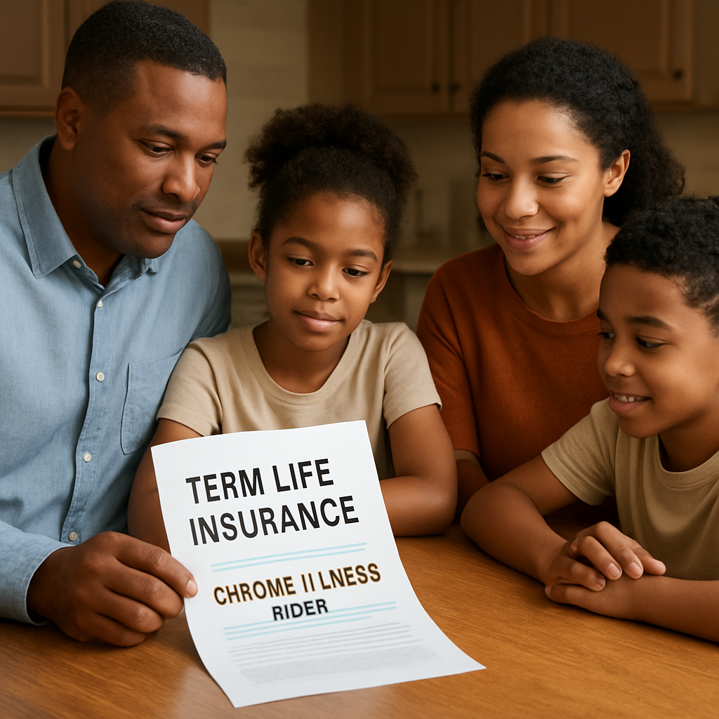 A comforting scene of a family gathered around a kitchen table, reviewing a life insurance policy with a chronic illness rider highlighted. Alt: "Family discussing term life insurance with chronic illness rider for financial security"