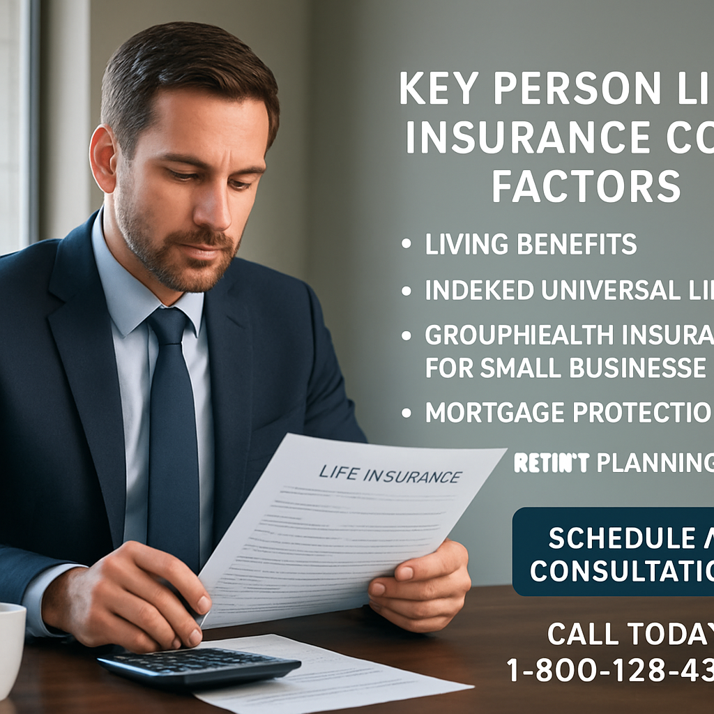 A professional office scene showing a business owner reviewing insurance paperwork with a calculator and a coffee mug. Alt: key person life insurance cost factors illustration