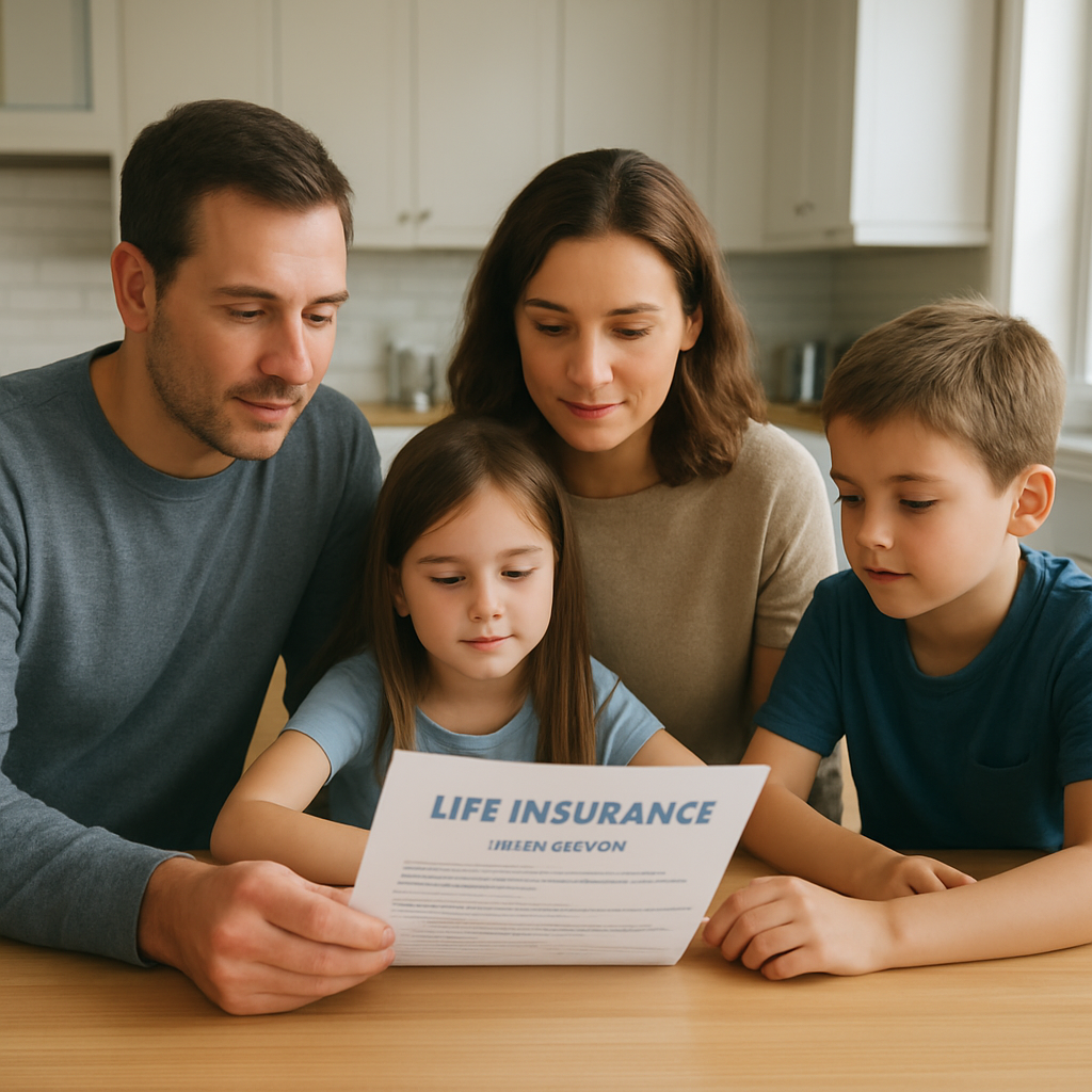 A calm family sitting around a kitchen table reviewing a life‑insurance statement together. Alt: "Family reviewing life insurance with living benefits quote"