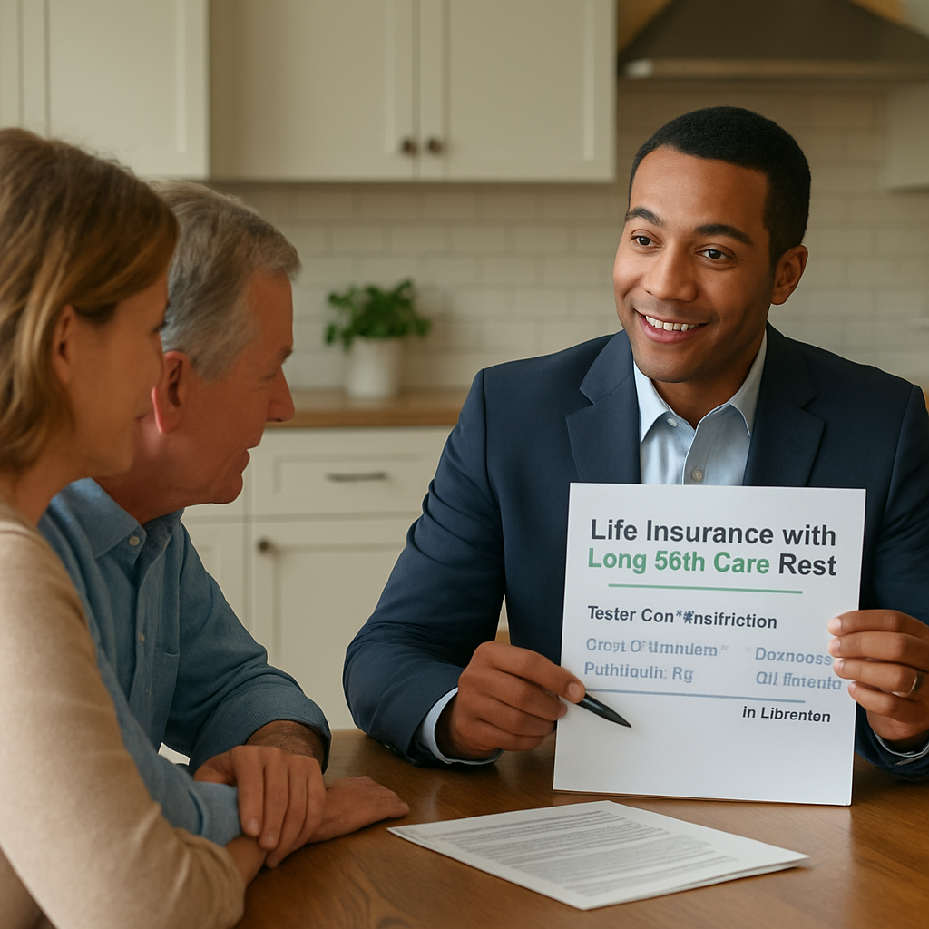A friendly financial advisor reviewing a life‑insurance policy with a couple at a kitchen table, highlighting the rider cost breakdown. Alt: life insurance with long term care rider cost breakdown illustration.