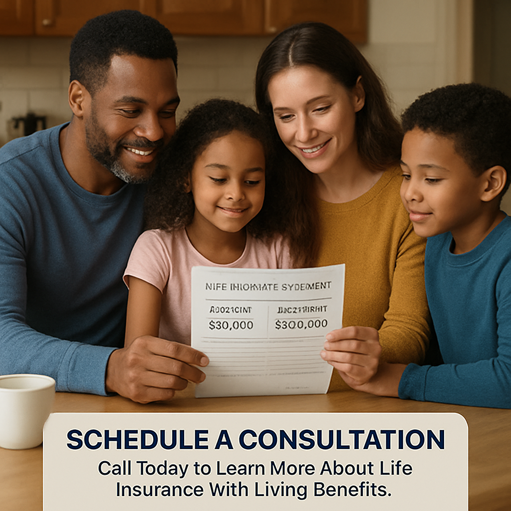 A comforting scene of a family gathered around a kitchen table, reviewing a life‑insurance statement together. Alt: universal life insurance with living benefits illustration showing cash value and death benefit.