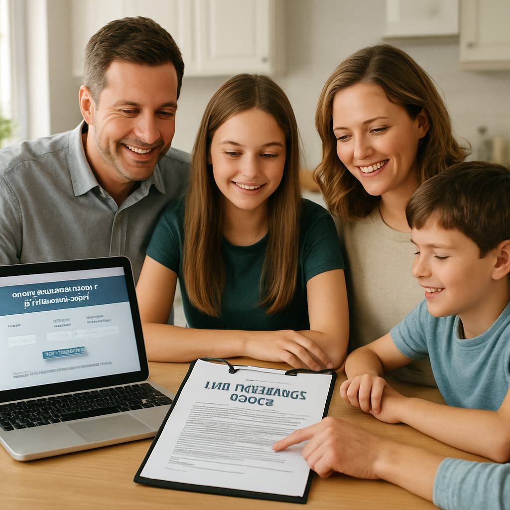 A friendly family gathered around a kitchen table reviewing a life‑insurance policy document, with a laptop displaying a policy calculator. Alt: Understanding living benefits in life insurance illustration