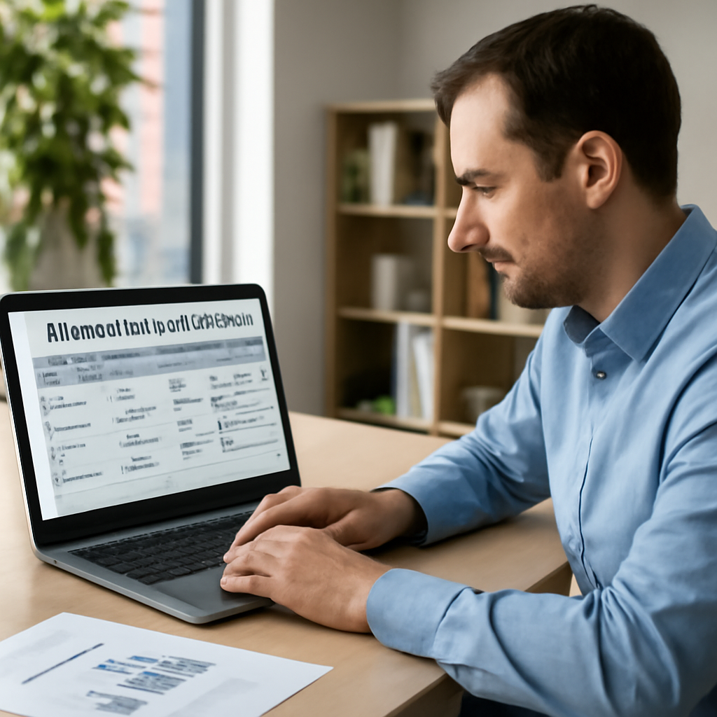 A small business owner reviewing a health insurance plan spreadsheet on a laptop in a modern office environment. Alt: Business owner evaluating group health insurance plan options