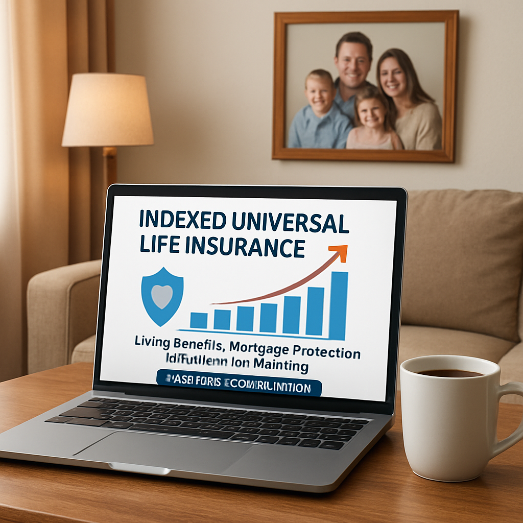 A cozy living room with a laptop open to an IUL policy illustration, a cup of coffee, and a family photo on the wall. Alt: Indexed universal life insurance illustration in a family home setting.
