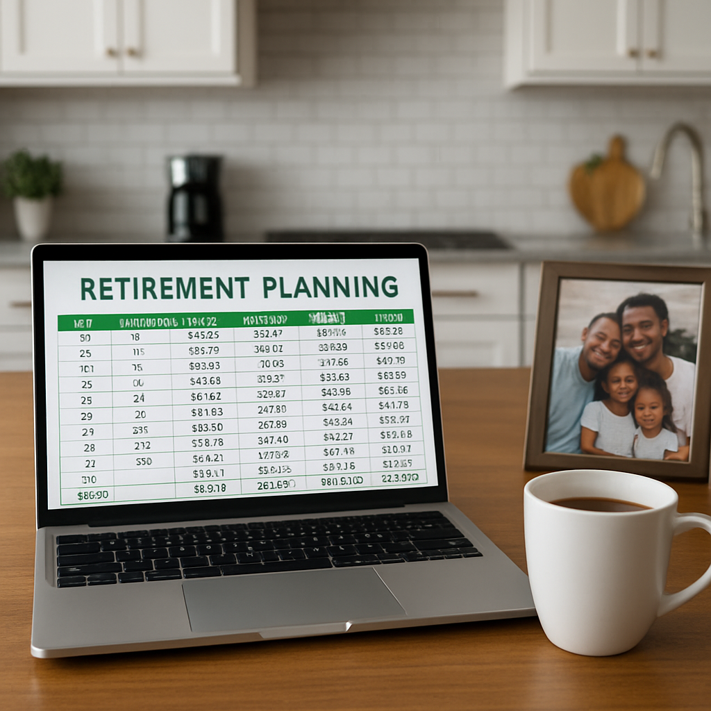 A modern kitchen table with a laptop open to a retirement planning spreadsheet, a cup of coffee, and a family photo in the background. Alt: High growth IUL strategy planning scene showing financial security and family focus.
