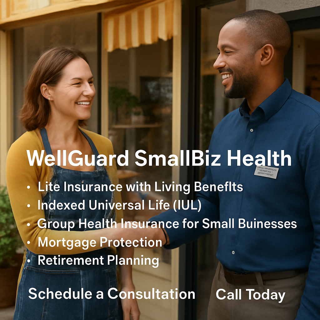 A cheerful small business owner shaking hands with a WellGuard representative in front of a bright, welcoming shop. Alt: WellGuard SmallBiz Health representative assisting a small business owner
