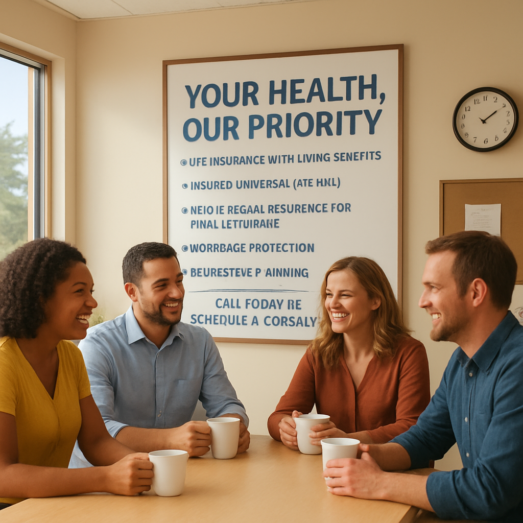 A sunny California office breakroom with a diverse group of small‑business employees chatting over coffee, a poster on the wall reads "Your Health, Our Priority". Alt: Group health insurance basics for small businesses in California