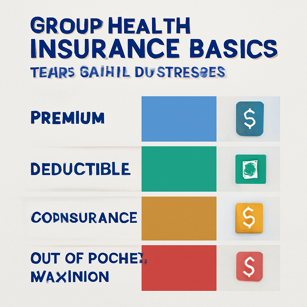 A visual infographic showing a breakdown of group health insurance components—premium, deductible, coinsurance, out-of-pocket maximum—tailored for a small Texas business setting. Alt: Group health insurance basics infographic for Texas small businesses.