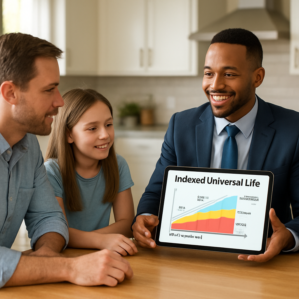 A friendly financial advisor sitting at a kitchen table with a family, reviewing a colorful IUL illustration on a tablet. Alt: Indexed universal life insurance basics illustration showing caps, floors, and living benefits.