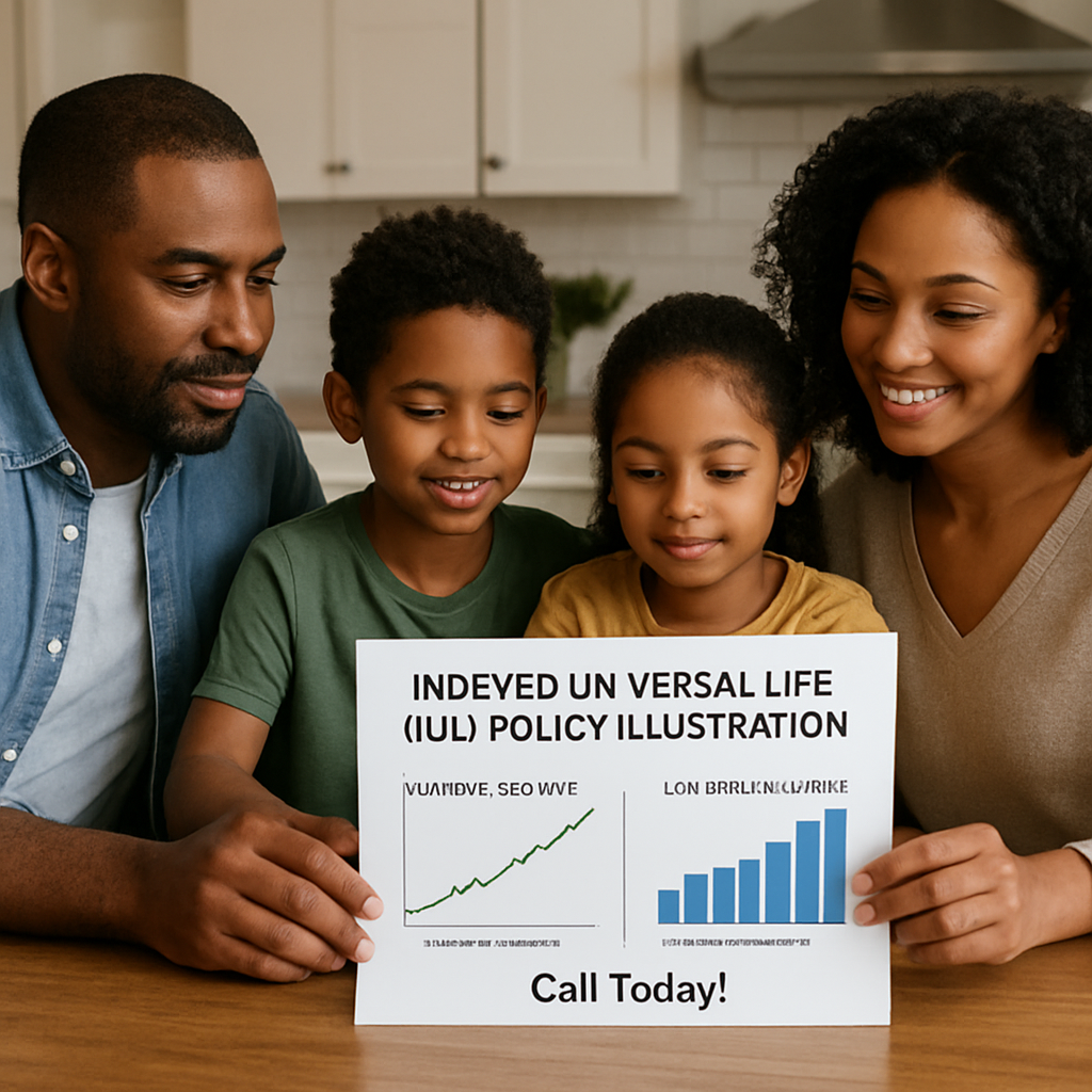 A family gathered around a kitchen table reviewing an IUL policy illustration, with charts showing indexed growth and a life‑insurance benefit. Alt: Indexed Universal Life (IUL) policy illustration showing growth and protection benefits.