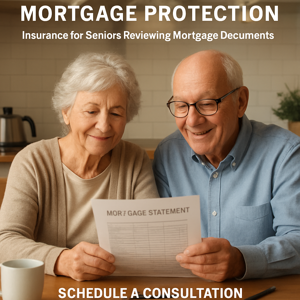 An elderly couple sitting at a kitchen table reviewing mortgage documents, with a warm, reassuring atmosphere. Alt: Mortgage protection insurance for seniors reviewing mortgage statement.